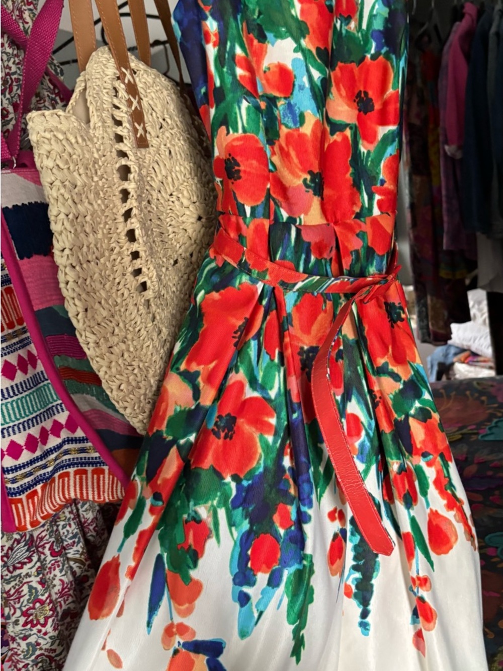 Elliza J party dress Floral Fit-and-Flare Midi Dress in Bright Orange and Green